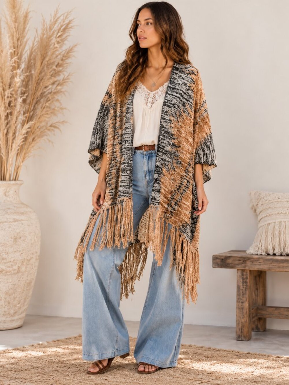 513. Women's Boho Jacquard Print Shawl Cardigan Kimono Poncho Sweater